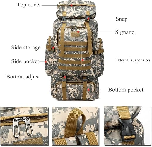 Ziliyy 70L Hiking Backpack for Men, Waterproof Lightweight Camping Backpack, Military Rucksack with Molle, 3-Day Assault Pack for Travel, Climbing, Outdoor Sports(Black) thumbnail 6