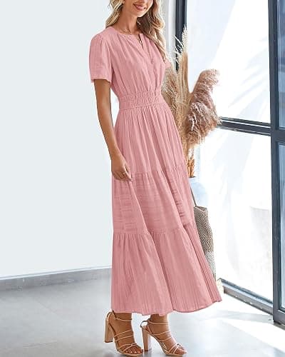 BTFBM Womens Summer 2026 Casual Midi Maxi Dresses Lightweight Short Sleeve V Neck Elastic Waist Boho Beach Dress Pockets thumbnail 5