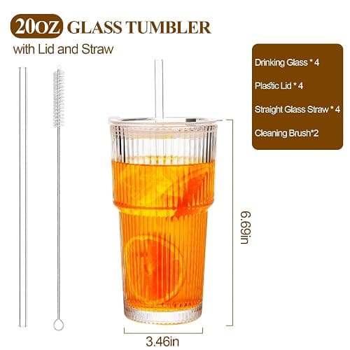 LUXULISH 20Oz Ribbed Glass Tumblers with Lids and Straws, Vintage Glass Cups Thickened Drinking Glasses Set of 4, Ideal for Iced Coffee, Smoothies, Cocktails, Matcha and Juices thumbnail 3