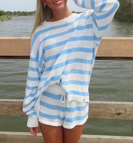 NUFIWI Women Striped Knit Sweater Set 2 Piece Outfit Oversized Long Sleeve Sweater and Shorts Matching Lounge Sets thumbnail 6