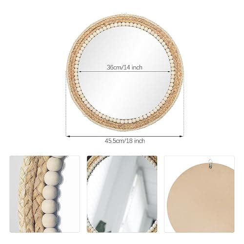 SWTHONY 18 Inch Boho Round Hanging Wall Mirror Decorative Rattan Circle Mirrors for Farmhouse, Living Room, Bedroom thumbnail 3