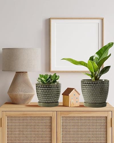 Plant Pots, Flower Pots, Planters for Indoor Plants(6.5+5.5inch), Flower Pots for Indoor Plant with Drainage Hole and Saucer, Ceramic Pots for Plants with Hole Mesh Pad,Reactive Glaze Green thumbnail 8