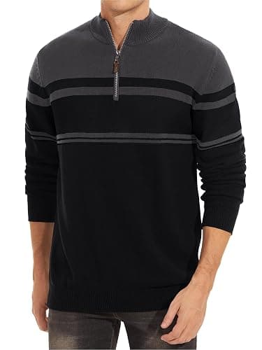 KEFITEVD Men's Jumpers Quarter Zip Winter Warm Sweater Mock Turtle Neck Casual Pullover Cotton Knitted Striped Work Jumper thumbnail 4