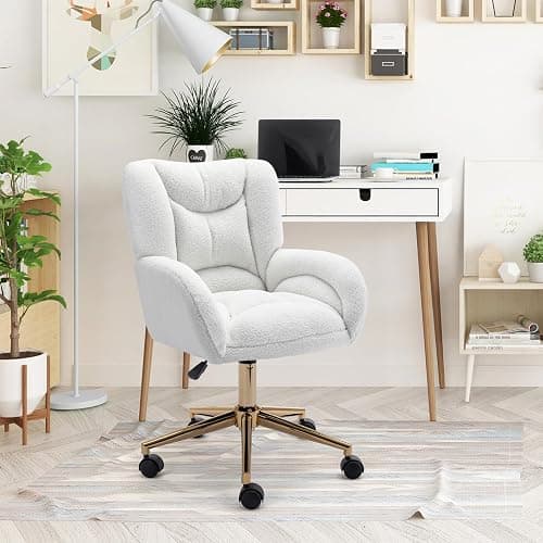 Anewome Swivel Office Desk Chair with Wheels Upholstered Sherpa Desk Modern Armchair Height Adjustable Computer Task Chair Boucle Makeup Vanity Desk with Gold Metal Frame, 38.2" H White - Image 1