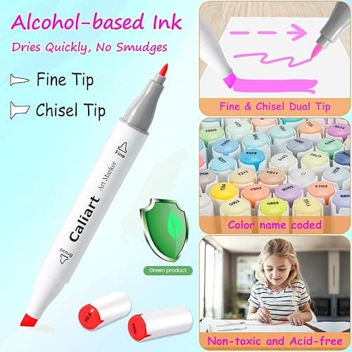 Caliart Markers, 100 Colors Dual Tip Art Markers Sketch Pens Permanent Alcohol Based, with Case for Adults Artists Drawing Illustration Sketching Coloring (White Barrel) thumbnail 2