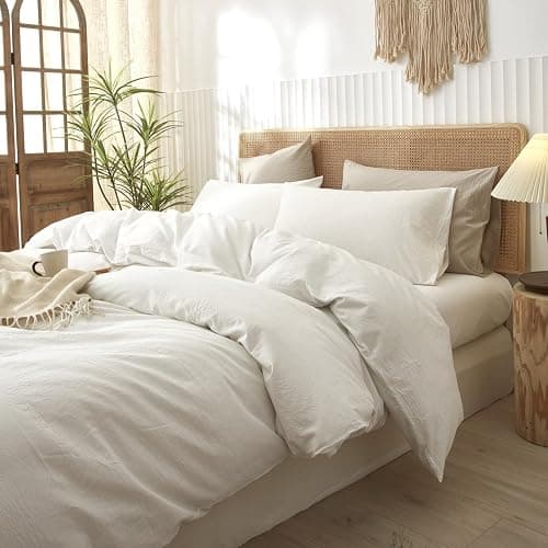 LIFETOWN 100% Washed Cotton Duvet Cover Set Linen Feel Natural Wrinkle Lightweight Comfy (Queen, White) thumbnail 3