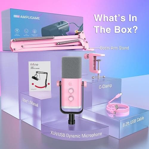FIFINE XLR Gaming Microphone USB, PC Dynamic Microphone Kit for Vocal, Recording, Podcast, Streaming RGB Mic with Headphone Jack, Mute Button, Boom Arm Stand for Computer/Mixer-AmpliGame AM8T Pink thumbnail 9