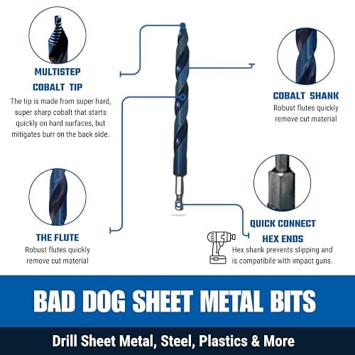 Bad Dog 14 Piece Sheet Metal Drill Bit Set Unique Multistep Hardened Cobalt Tip & Armor Steel Hex Shank. Made in The USA. Drill Through Nearly Everything! Hardened Steel, Masonry, Wood, Tile & More. thumbnail 4