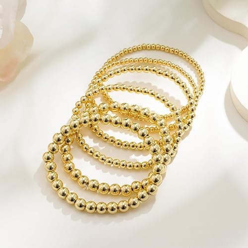 Eaciy Gold Bracelets for Women, 14K Gold Plated Beaded Bracelets Gold Strand Bead Ball Bracelet Stack Set Adjustable Bracelet Set Waterproof Jewelry for Women Gifts Non Tarnish - 03-6PCS thumbnail 7