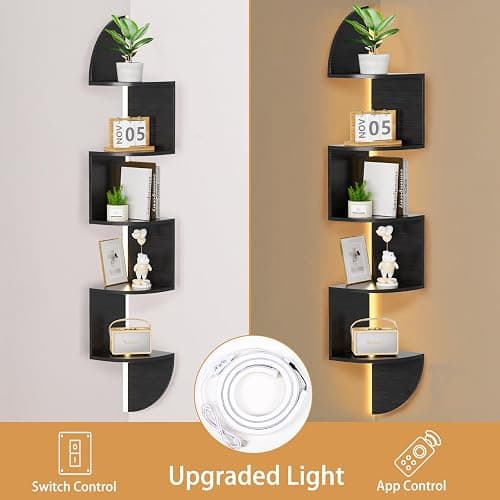 Corner Shelf, 5 Tier Bookshelf with LED Light, Corner Shelf Wall Mounted, Floating Shelves for Wall, Display Stand for Bedroom, Living Room, Bathroom, Home, Office, Black - Black - 5 Tier thumbnail 4