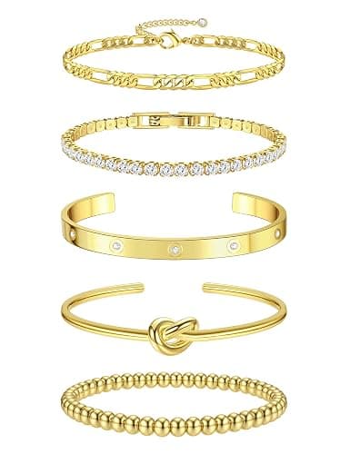 LOLIAS 5 Stück Armband Damen Gold 14 Karat Echtgold Armkette Manschetten Armband Hypoallergen Goldperlen CZ Tennis Armband Kette Stapelarmbänder Schmuck Gold Für Damen thumbnail 7