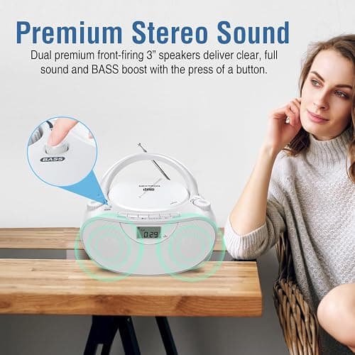 Nextron Portable CD Player Boombox with Bluetooth, AM/FM Radio & USB | CD-R/RW, MP3-CD & USB Playback, Stereo Sound, Bass Boost, AUX Input, Headphone Jack, LCD Display, AC/Battery Powered - White thumbnail 3