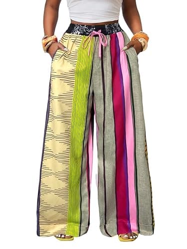 ZAFUL Casual Pants for Women, Color Blocked Loose Oversized Pants Retro Printed Stripe Straight Leg Pant with Pockets - Image 1