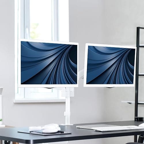 VIVO Dual Monitor Arm Mount for 17 to 32 inch Screens - Pneumatic Height Adjustment, Full Articulating Tilt, Swivel, Heavy Duty VESA Stand with Desk C-clamp and Grommet Option, White, STAND-V002KW thumbnail 2