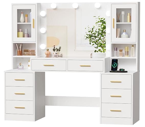 BEWISHOME Makeup Vanity Desk with Mirror and Lights,55.12" Large Vanity Table with Glass Top,White Makeup Desk with Power Outlet 8 Drawers,Dressing Table for Bedroom Women Girls Modern FST37W thumbnail 8