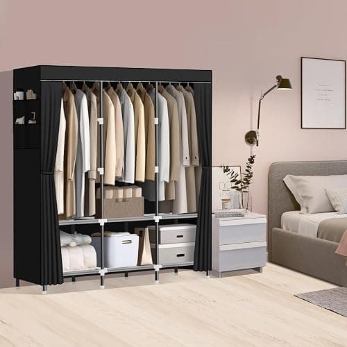 LOKEME Wardrobe Closet,Portable Closet for Bedroom Steel Pipe Diameter 19mm Strong and Sturdy Black Portable Closets for Hanging Clothes with 3 Hanging rods, 6 Storage Shelves and Side Pockets thumbnail 2