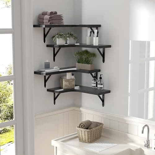ROMGUAR CRAFT Corner Floating Shelves Wall Mounted Set of 4, Rustic Wood Storage Display Shelves for Home Decor, Bathroom, Kitchen, Bedroom, Living Room, Office (Black) thumbnail 6