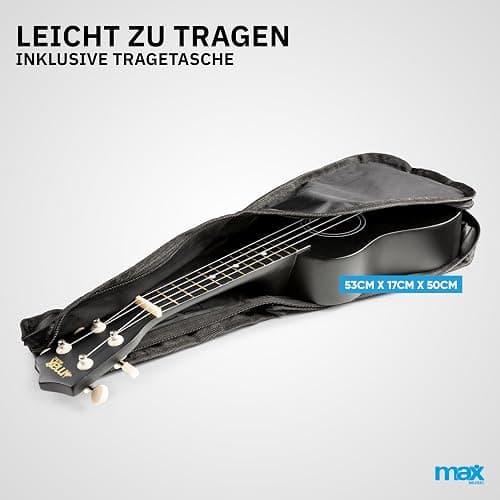 MAX UKEY Ukulele Komplett Set inkl. Plektren, digitalem Stimmgerät und Tasche, 21" mini Gitarre, Ukulele Erwachsene mit Zubehör für Anfänger, Soprano, 4 Nylon Saiten, 12 Bünde - Schwarz thumbnail 6