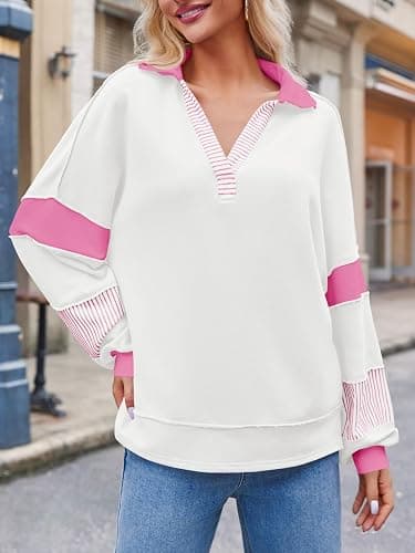 Fisoew Womens Color Block Oversized Sweatshirt Polo V Neck Long Sleeve Shirts Casual Loose Pullover Tops thumbnail 2