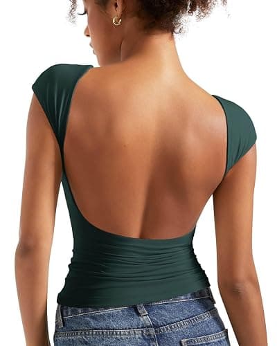SUUKSESS Women Backless Sexy Going Out Tops Double Lined Open Back Y2k Basic Tee Shirts - Image 1
