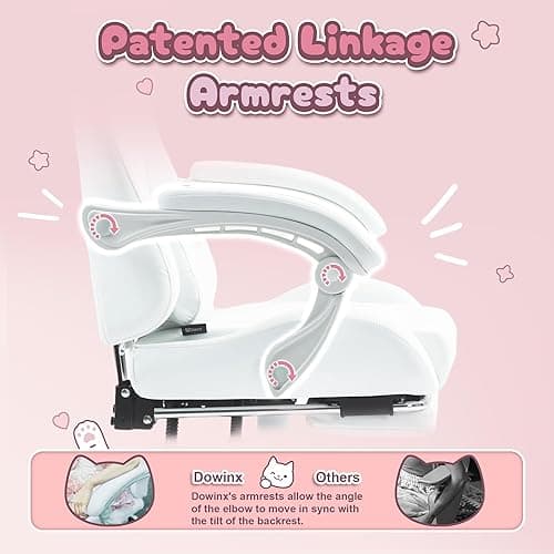 Dowinx Gaming Chair Cute with Cat Ears and Massage Lumbar Support, Ergonomic Computer Chair for Girl with Footrest and Headrest, Comfortable Reclining Game Chair 290lbs for Adult, Teen, White thumbnail 8