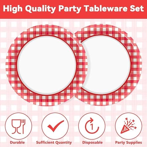 Naozinebi 100pcs 7inch Red and White Plates Checkered Plaid Tableware Baby Shower Red Dessert Disposable paper Dinnerware for Picnic Barbecue Baby Shower Birthday Party Decorations thumbnail 4
