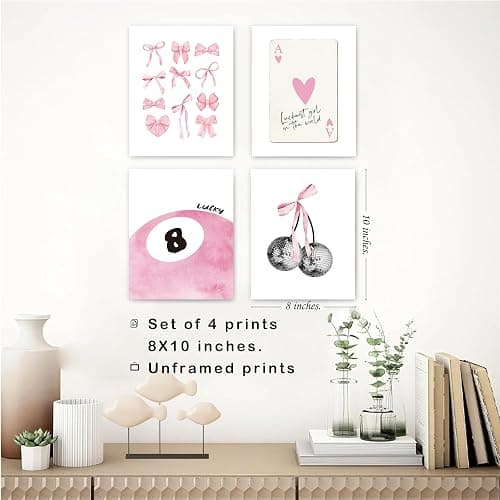 okaxscm Pink Coquette Trendy Preppy Wall Art Prints Set of 4, Coquette Room Decor, Preppy Room Decor Aesthetic, Pink Bow Disco 8 Ball Cherry Wall Decor Posters for Girls Bedroom Dorm, 8x10 Unframed thumbnail 2