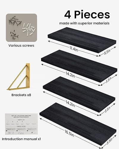 BAYKA Floating Shelves for Bedroom Decor, Wall Shelves for Storage, Wall Mounted Rustic Wood Floating Shelf for Books,Corner Shelf for Bathroom,Kitchen,Living Room(Black and Gold，Set of 4) thumbnail 4