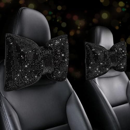 4 PCS Bling Car Pillows,Rhinestones Bowknot Car Headrest Pillow,Black | Car Neck Pillow for Driver Relax Neck Support,Sleeping Travel Support Neck Pillow,Diamond Interior Accessories for Women - Image 1