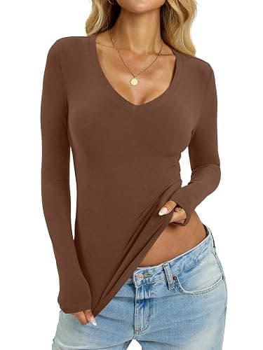 EasyGala Womens Cotton Long Sleeve Shirts V Neck Slim Fit Tops Basic Tees Going Out Outfits 2025 Fall Spring - Brown - Medium thumbnail 3