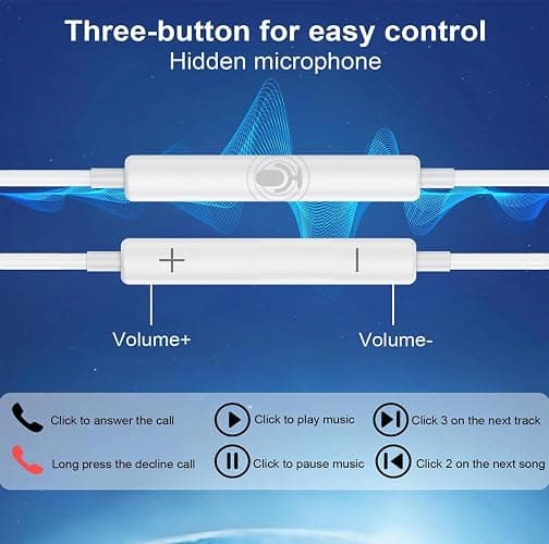 2 Packs USB C Headphones，Type C for iPhone Wired Headphones for iPhone 16/15 Earbuds with Mic and Volume Control，Hi-Fi Stereo In Ear Earphones for Galaxy S24/S23/S22/S21/S20/Ultra Note 10/20，White thumbnail 5