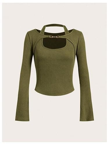 SOLY HUX Women's Long Sleeve Shirts Y2k Crop Tops Halter Neck Fitted T-Shirt Going Out Tees thumbnail 3