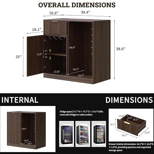 Mini Fridge Cabinet with Power Outlet, Coffee Bar Cabinet with Fridge Space & Wine Glass Rack, Fluted Buffet Sideboard with Drawer & Adjustable Shelf, Home Bar Cabinet for Living, Dining Room Kitchen thumbnail 2