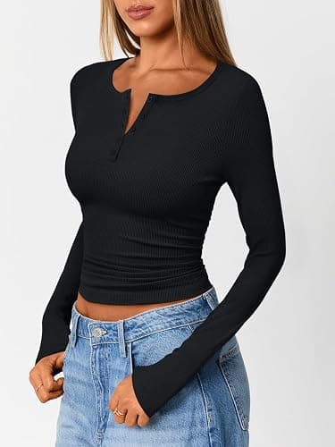 Trendy Queen Womens Long Sleeve Shirts 2025 Henley Casual Fall Outfits Fitted Tops Ribbed Fashion Basic Tees thumbnail 3