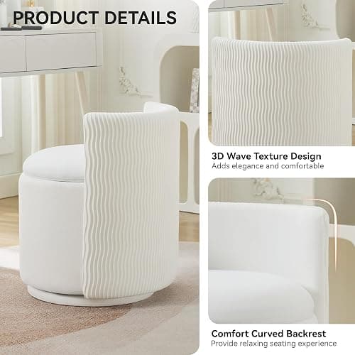 WUTUTUEE Velvet Vanity Chair with Storage, 360° Swivel Makeup Chair with Wave Back, No Assembly Small Accent Stool for Bedroom, Dressing, Living Room, White thumbnail 3