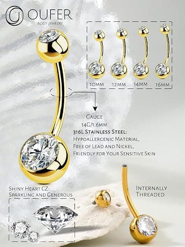 OUFER Gold Belly Button Rings, 316L Surgical Steel Belly Button Piercing, Internally Threaded Belly Rings, 14G Belly Piercing Jewelry, Long Belly Button Rings, Navel Rings for Women Men thumbnail 4