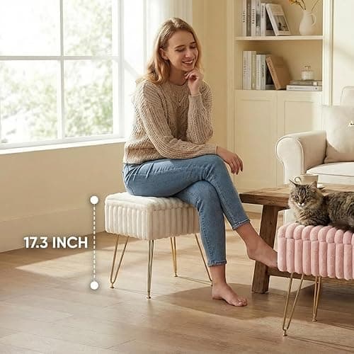 EBENCHICO Vanity Stool Chair with Storage, Faux Fur Stools for Vanity | Makeup Ottoman, Foot Stool, with 4 Metal Legs, Adjustable Feet, Small Vanity Bench, for Living Room Bedroom, White thumbnail 8