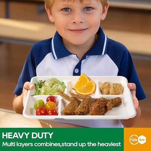 Turbo Bee Disposable 5 Compartment Plates, 100Pack Bagasse Divided Paper Trays, Heavy Duty Serving Plates for School Lunch, Meal Prep, Picnic and Buffet thumbnail 7
