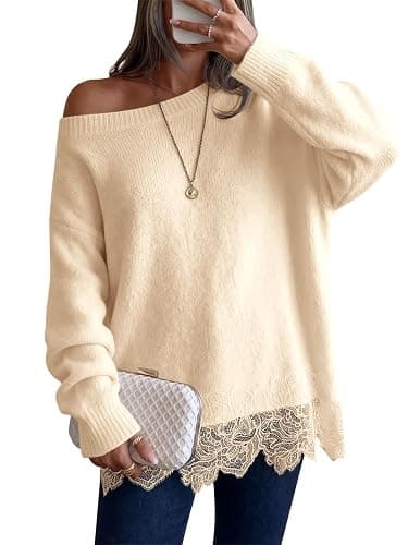 Saodimallsu Womens Lace Patchwork Sweater Long Sleeve Boat Neck Pullovers | Floral Hem, Convertible Neckline, One-shoulder Styling, Soft Knit, Relaxed Fit, Date Night, Office - Image 1