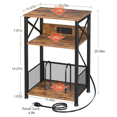 AMHANCIBLE Record Player Stand with Charging Station, Turntable Stand with Storage Cabinet, 3 Tier End Table Hold Up to 200 Albums, Record Stand for Vinyl, Living Room, Rustic Brown, HETCD01BR-1 - Brown - W 15.75" x D 11.41" thumbnail 3