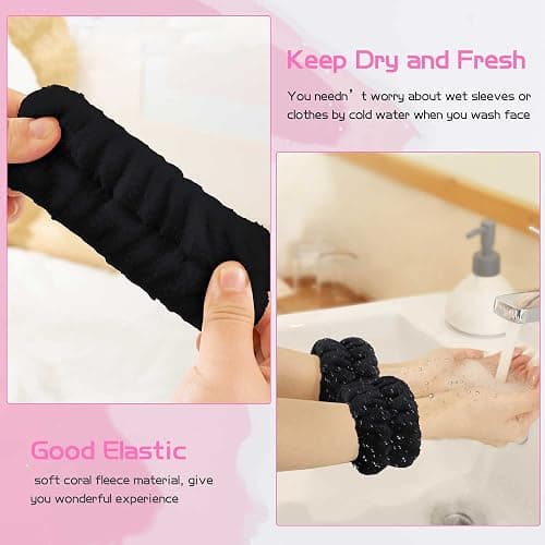 WSYUB Makeup Headbands, 1pcs Black Spa Headband Fluffy Bow Tie Headband Microfiber Face, and 2Pcs Wrist Spa Wash Band Absorbent Wristbands, for Washing Face Skin Care thumbnail 3