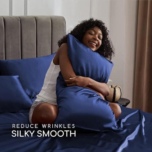 MR&HM Satin Sheets Queen Size with Elastic Corner Straps, Navy Blue | Similar to Silk, 4-Piece Silky Soft Bed Sheet Set, Gentle on Skin and Hair, 15" Deep Pocket, Cooling & Breathable thumbnail 3