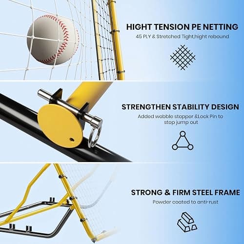 Baseball Rebounder Net,4x4.5FT Multi-Sport Pitch Back Rebounder Steel Frame with 4 Adjustable Angles, 40pcs Bungees Soccer, Volleyball&Lacrosse Trainer for Solo Fielding,Pitching and Reflex Training thumbnail 4