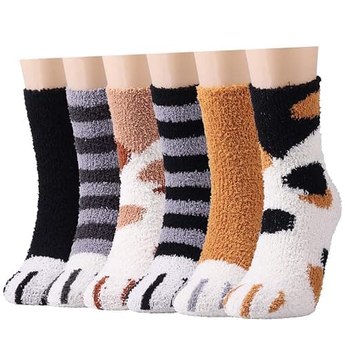 Fluffy Socks for Women - 6 Warm Pairs Winter Cozy Girls Super Soft Fuzzy Home Bed - One Size - 6 Pairs Paw - Image 1