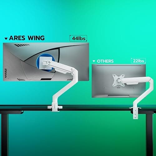 ARES WING Ultrawide Monitor Arm for 17 to 49 Inch and 44 Lbs Screen, White | Pro Gas Spring, Full Range of Motion, for 75/100 Vesa Mount, for Samsung, LG Curved/Flat Monitor, with C Clamp, Grommet Base thumbnail 2
