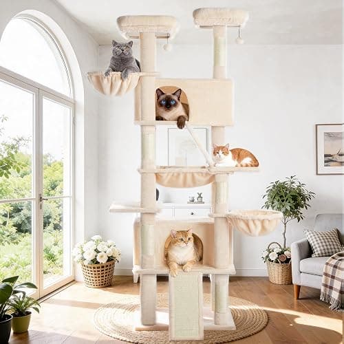 ABCPET Cat Tree 82 in Multi-Level Cat Tower for Indoor Cats, Heavy Duty Large Cat Tree with Sisal Scratching Posts, Hammock, 2 Perches, 2 Condos, 2 Hanging Baskets, Beige thumbnail 7