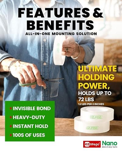 EZlifego Heavy Duty Invisible Bond Nano Double Sided Mounting Tape, 9.85FT | Nano-Tech, Holds up to 72 lbs, All-Purpose, Instant Hold, Industrial-Strength Adhesive, Indoor & Outdoor Decor,Back to School thumbnail 2