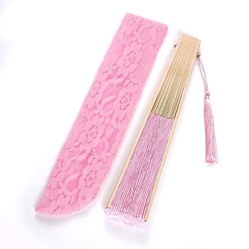choyaxo Lace Handheld Chinese Folding Fan Bamboo Silk Folding Fan for Women Wedding Decoration Dancing Party,Pink thumbnail 7