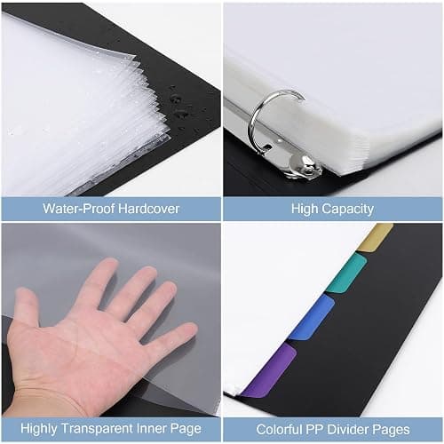 Uquelic Presentation Ring Binder, A4 Display Folder with 50 Punched Pockets and 6 Colorful PP Divider Pages, Folder File Plastic Sleeves for Documents, Certificates, Receipts, Black thumbnail 3