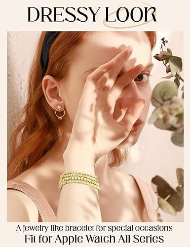 JR.DM Gold Beaded Bracelet Bands Women Compatible with Apple Watch 40mm 42mm(S10/11) 41mm 38mm Dressy Fancy Stretchy Elastic Jewelry Strap Replacement for iWatch Series 11/10/9/8/7/6/5/4/3/2/1/SE thumbnail 4